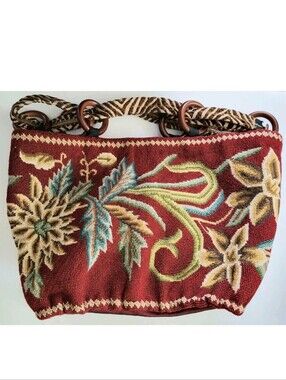 LARGE FLORAL WOOL NEEDLEPOINT HANDBAG, PURSE, ADJUSTABLE STRAP, HANDMADE